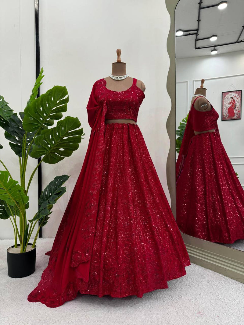 Red Color Hot Looking Designer Sequins Work Trendy Lehenga Choli