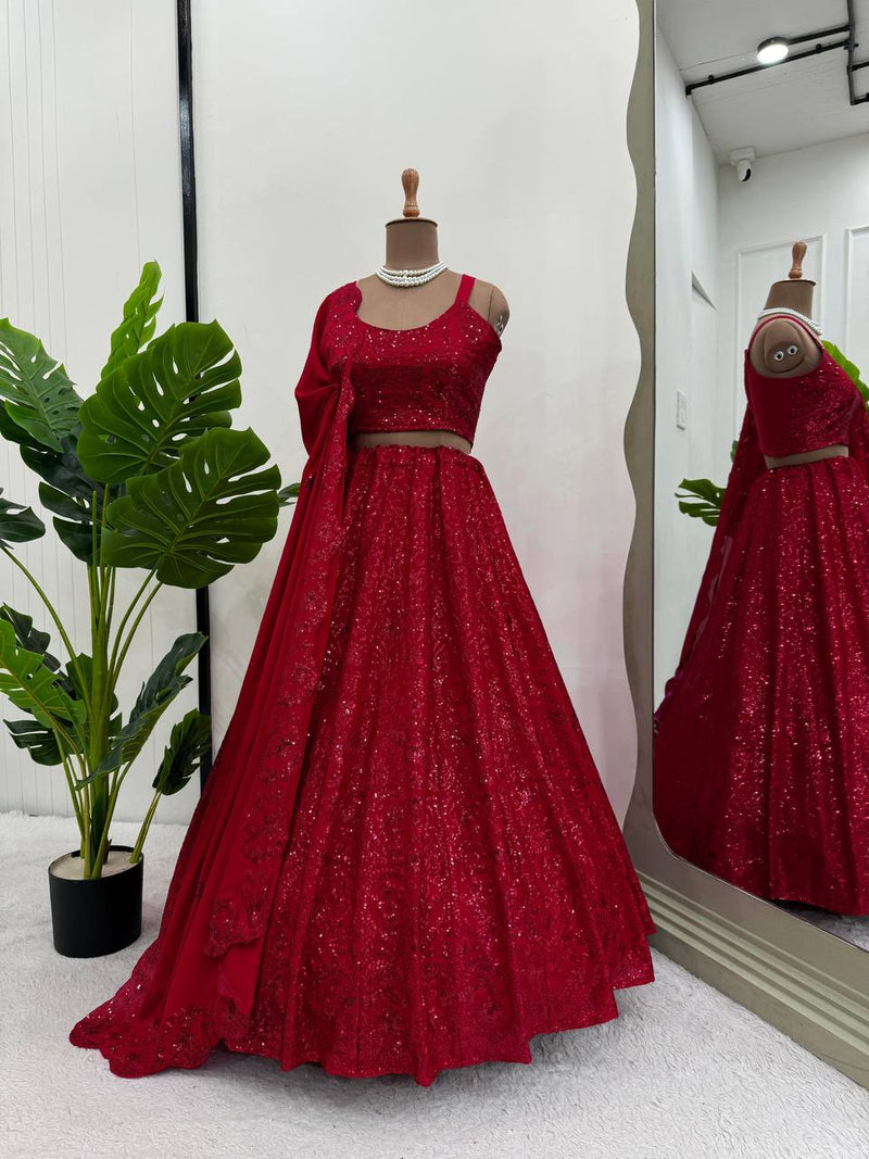 Red Color Hot Looking Designer Sequins Work Trendy Lehenga Choli