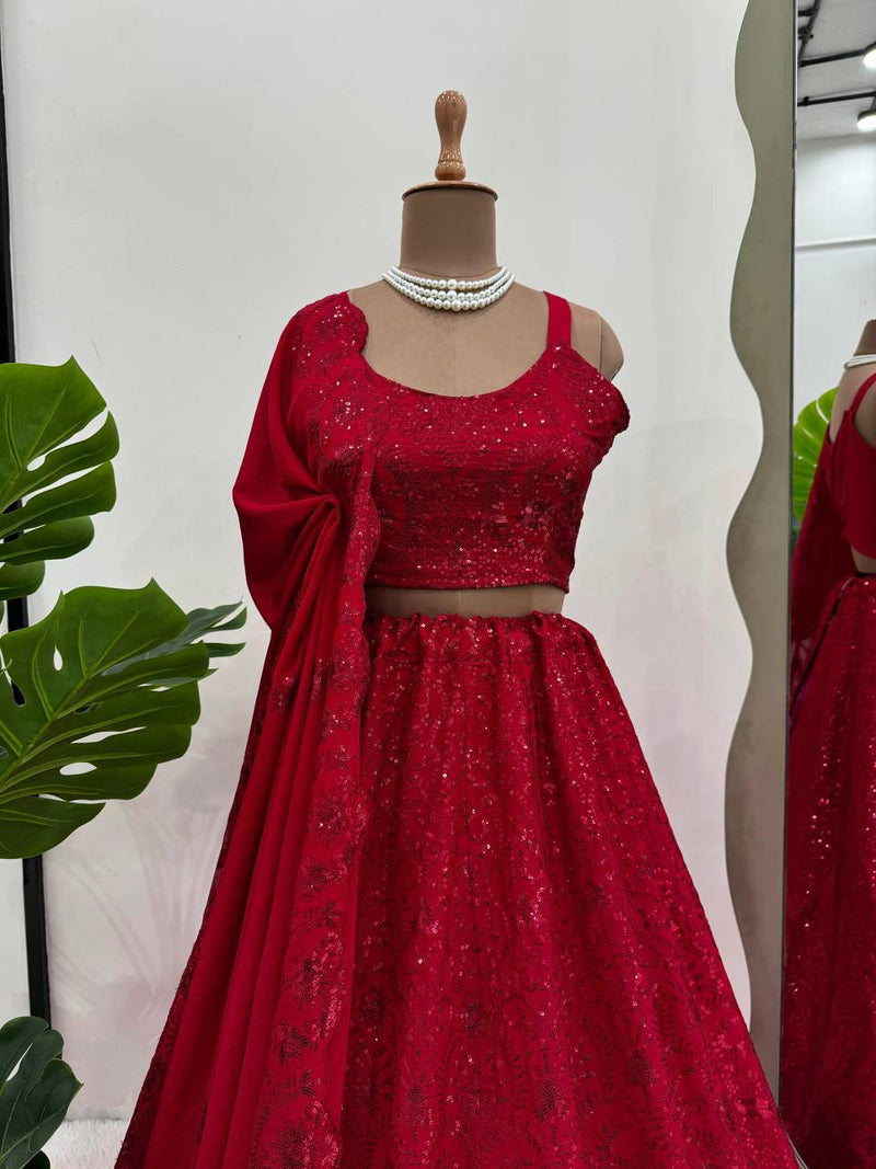 Red Color Hot Looking Designer Sequins Work Trendy Lehenga Choli