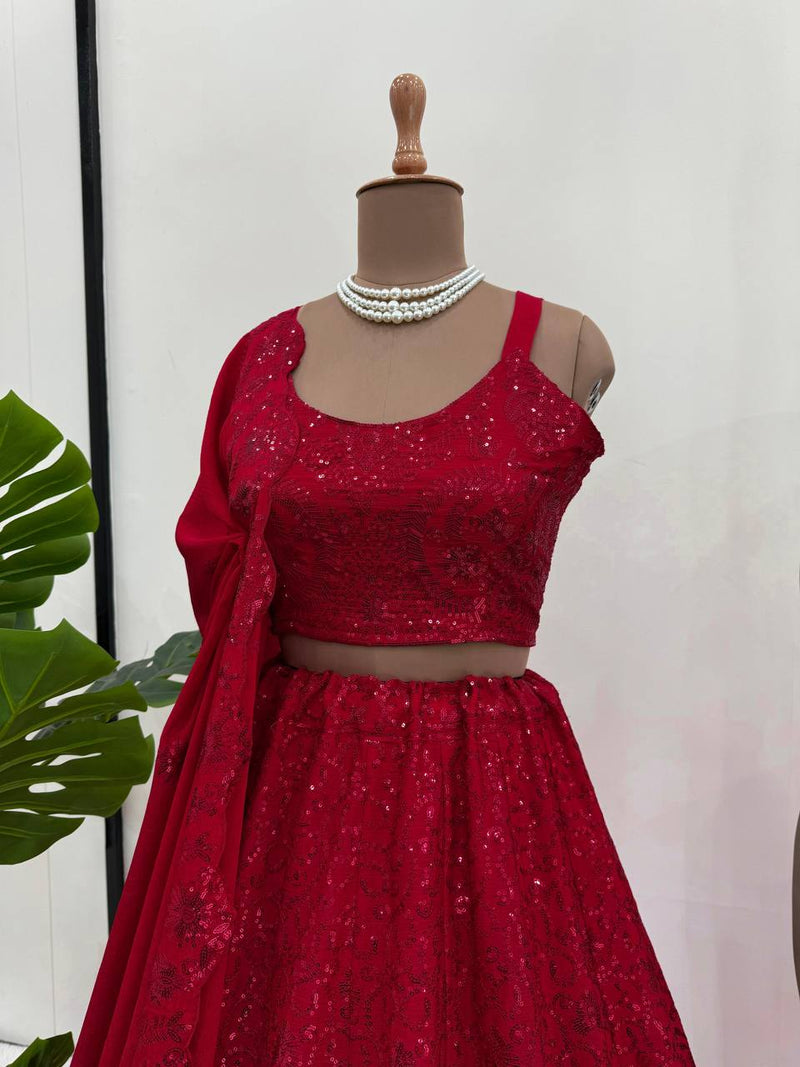 Red Color Hot Looking Designer Sequins Work Trendy Lehenga Choli