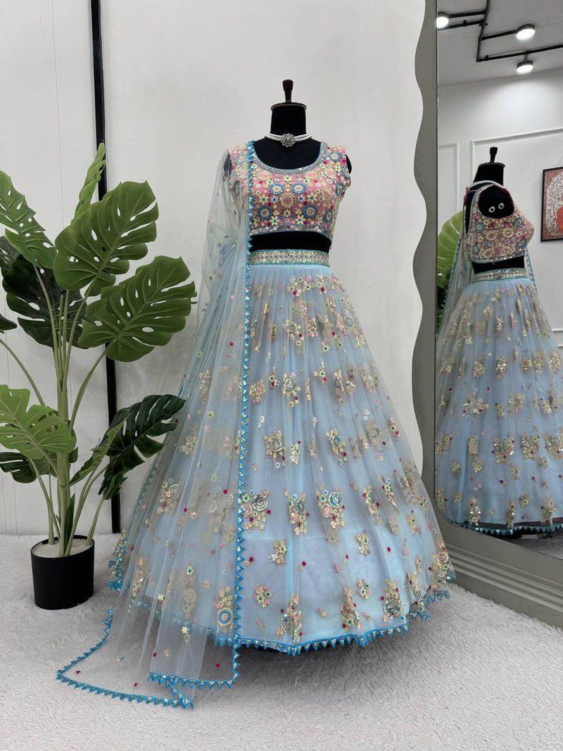 Sky Blue Color Sequins Work Trendy Designer Net Lehenga Choli