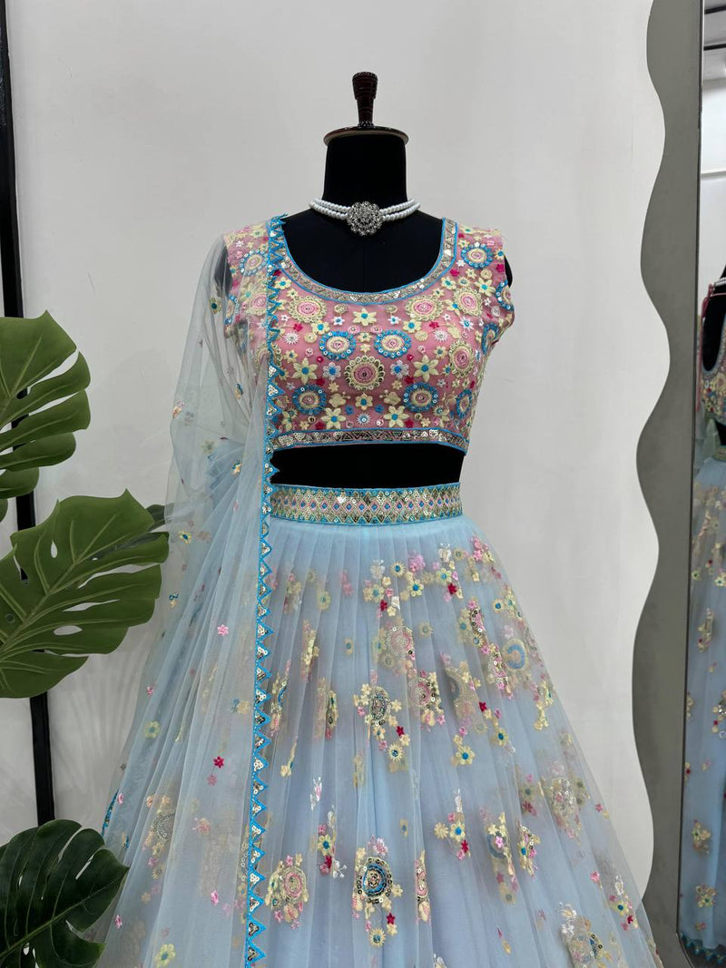 Sky Blue Color Sequins Work Trendy Designer Net Lehenga Choli