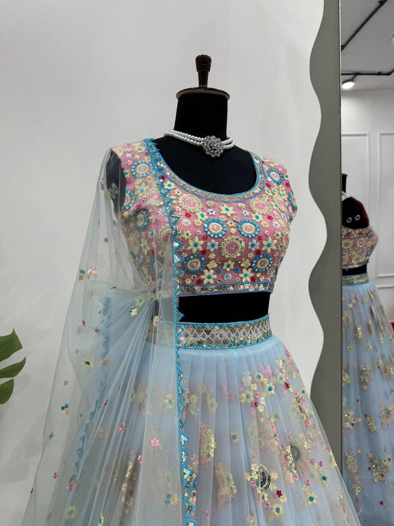 Sky Blue Color Sequins Work Trendy Designer Net Lehenga Choli