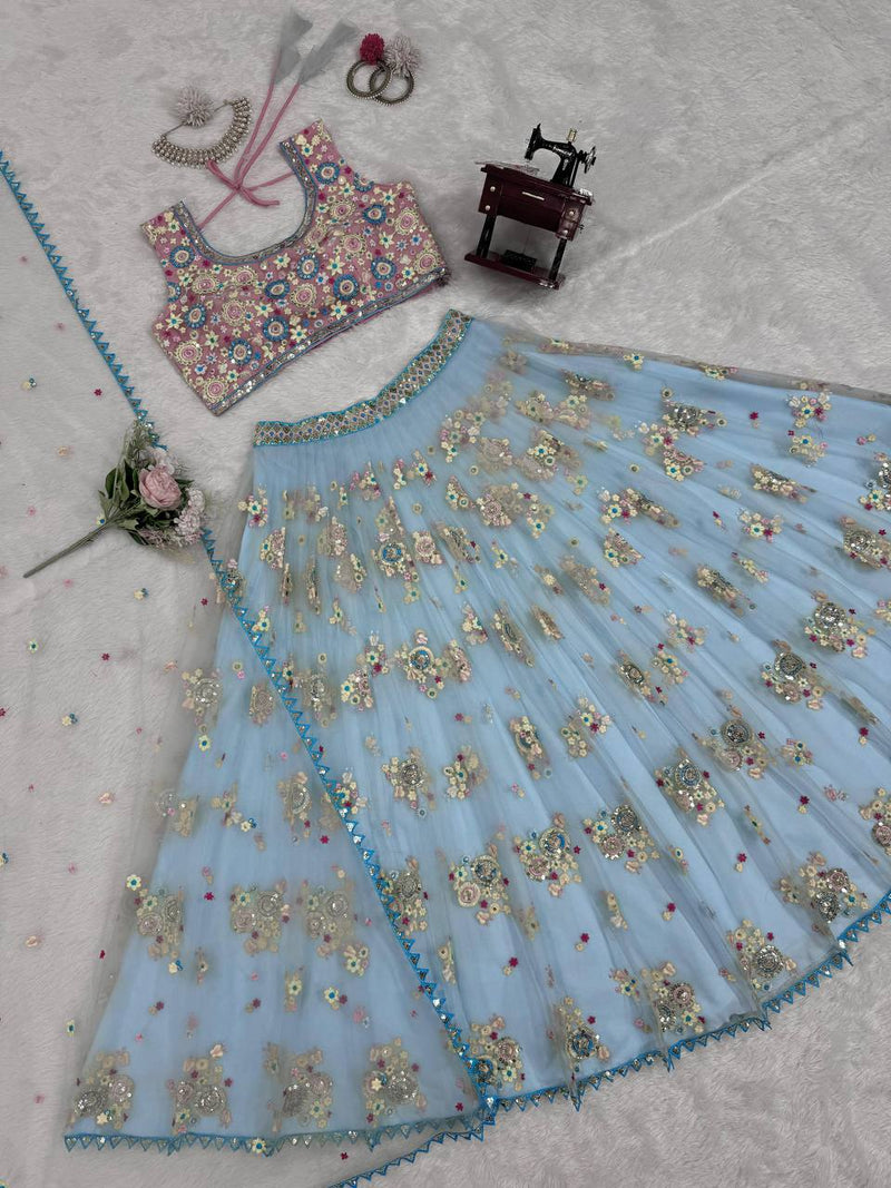 Sky Blue Color Sequins Work Trendy Designer Net Lehenga Choli