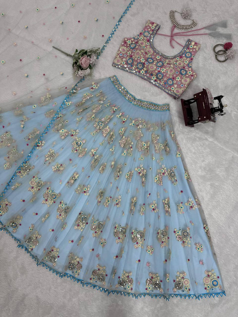 Sky Blue Color Sequins Work Trendy Designer Net Lehenga Choli