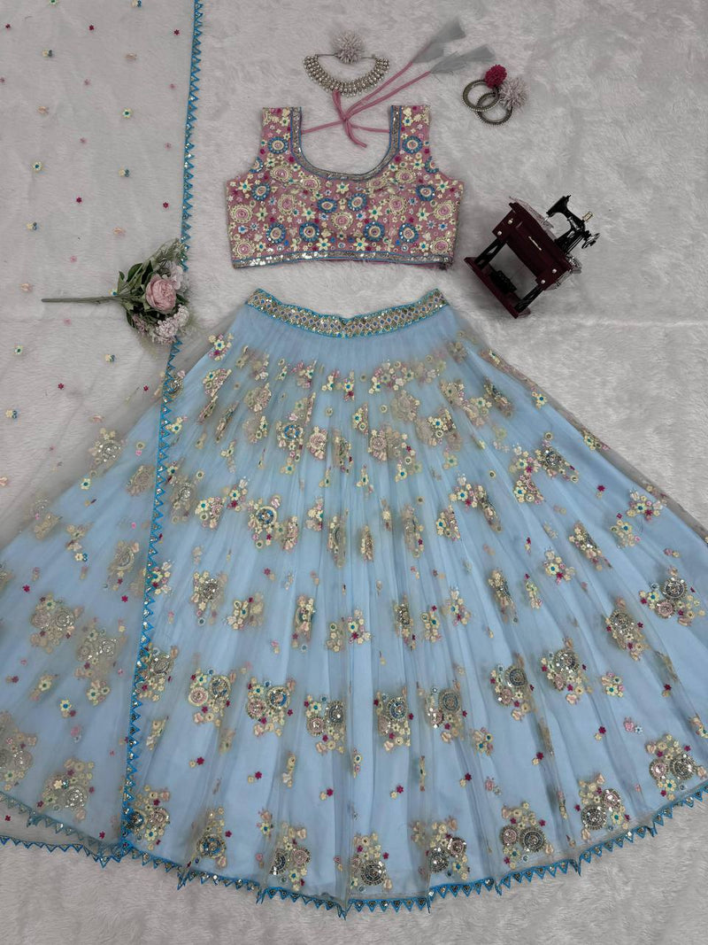 Sky Blue Color Sequins Work Trendy Designer Net Lehenga Choli