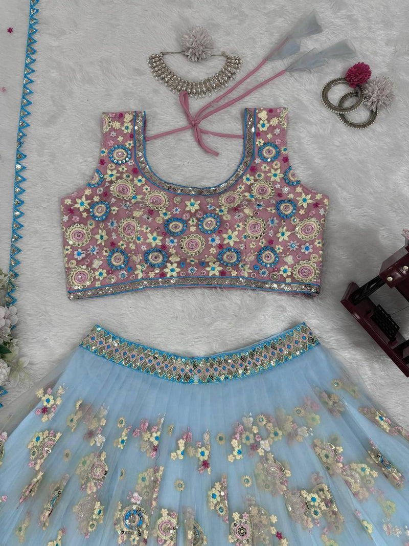 Sky Blue Color Sequins Work Trendy Designer Net Lehenga Choli