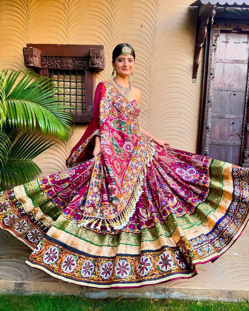 Rani Pink Color Trendy Mirror Work Digital Printed Cotton Navratri Chaniya Choli