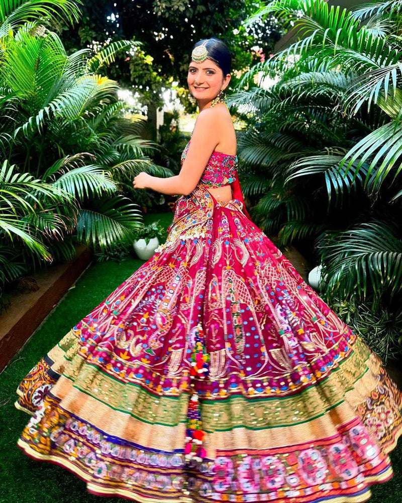 Rani Pink Color Trendy Mirror Work Digital Printed Cotton Navratri Chaniya Choli