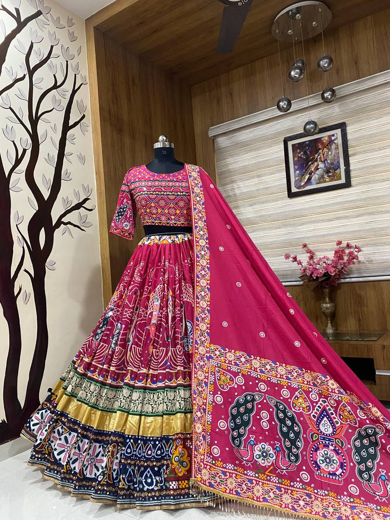 Rani Pink Color Trendy Mirror Work Digital Printed Cotton Navratri Chaniya Choli