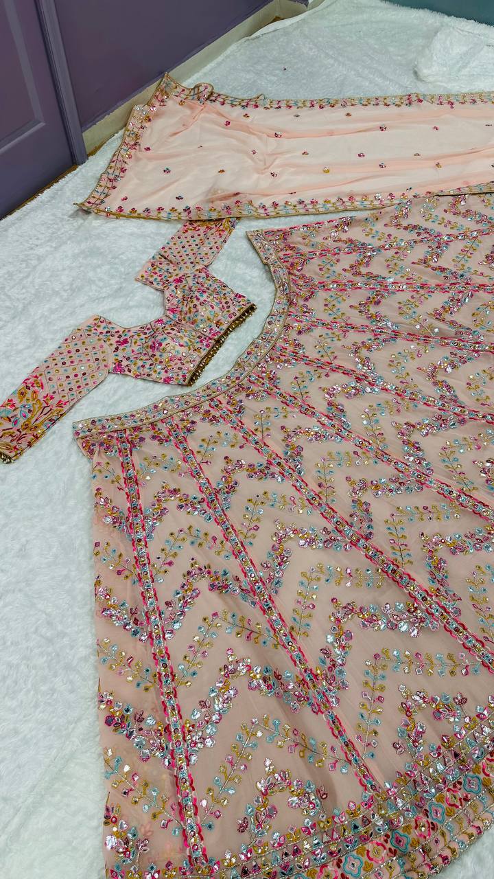 Peach Multicolor Paper Mirror Work Embroidered Lehenga Choli