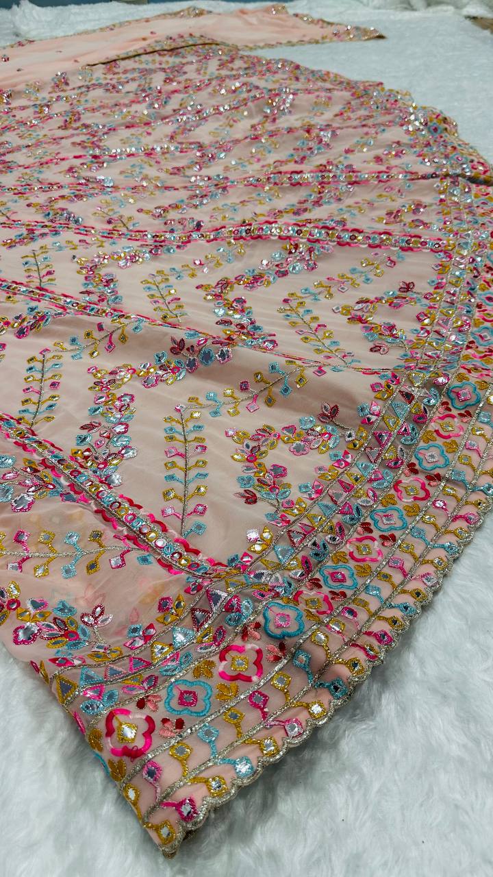 Peach Multicolor Paper Mirror Work Embroidered Lehenga Choli