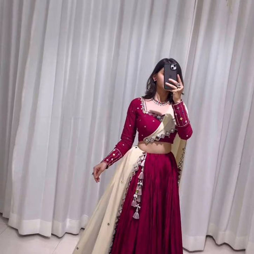 Rani Pink Color Rayon Digital Printed Mirror Work Lehenga Choli