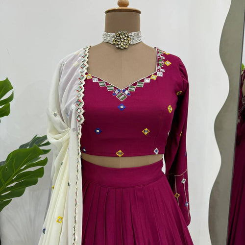 Rani Pink Color Rayon Digital Printed Mirror Work Lehenga Choli