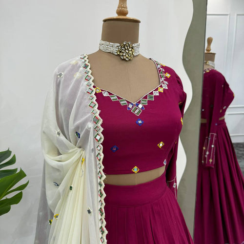 Rani Pink Color Rayon Digital Printed Mirror Work Lehenga Choli