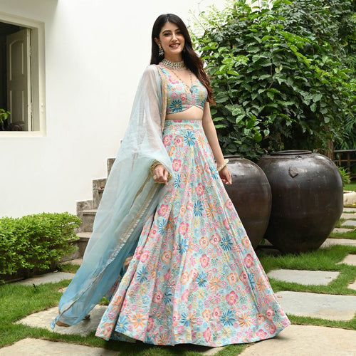 Sky Blue Color Designer Trendy Party Wear Lehenga Choli
