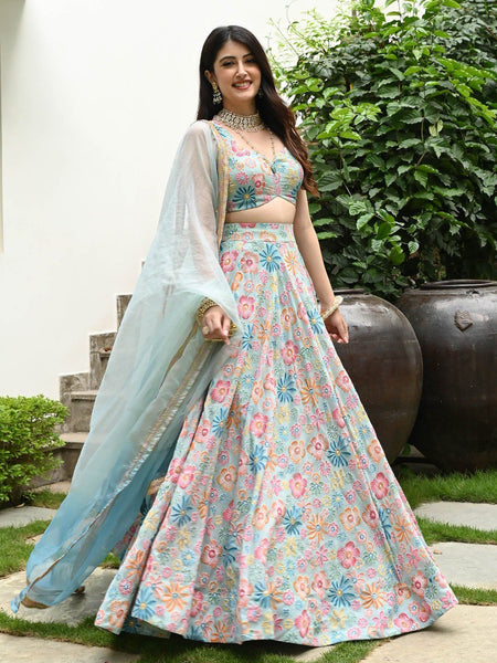 Sky Blue Color Designer Trendy Party Wear Lehenga Choli