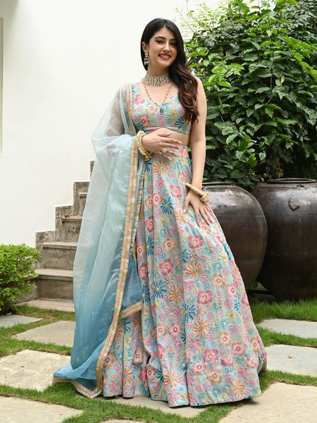 Sky Blue Color Designer Trendy Party Wear Lehenga Choli