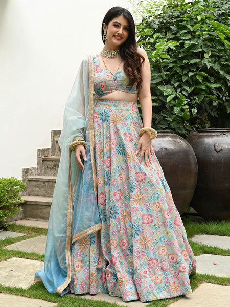 Sky Blue Color Designer Trendy Party Wear Lehenga Choli