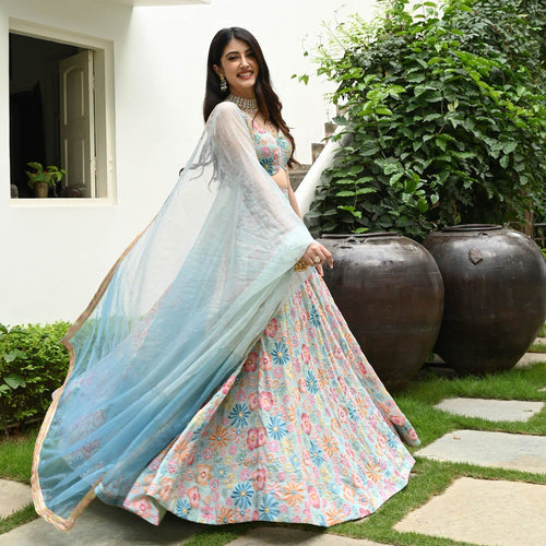 Sky Blue Color Designer Trendy Party Wear Lehenga Choli