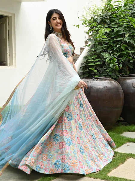 Sky Blue Color Designer Trendy Party Wear Lehenga Choli