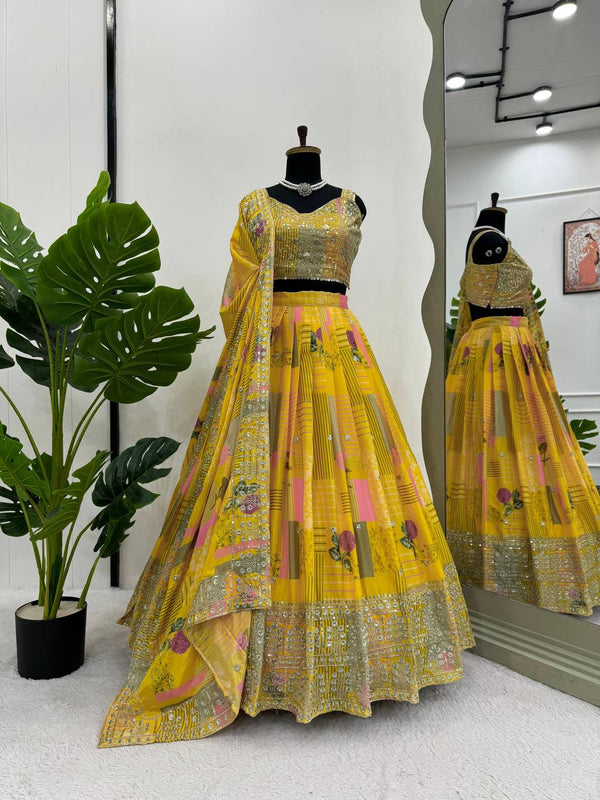 Yellow Color Thread Sequins Work Trendy Silk Designer Lehenga Choli