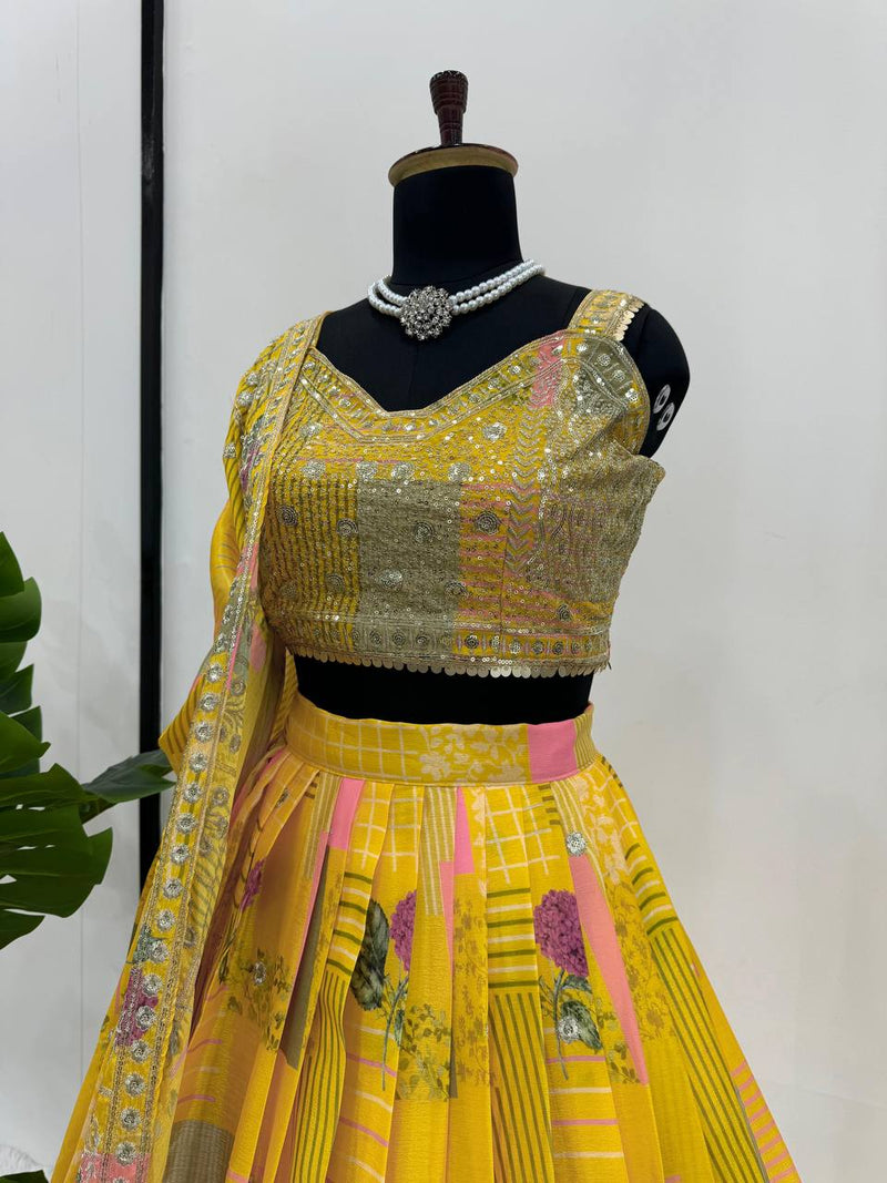 Yellow Color Thread Sequins Work Trendy Silk Designer Lehenga Choli