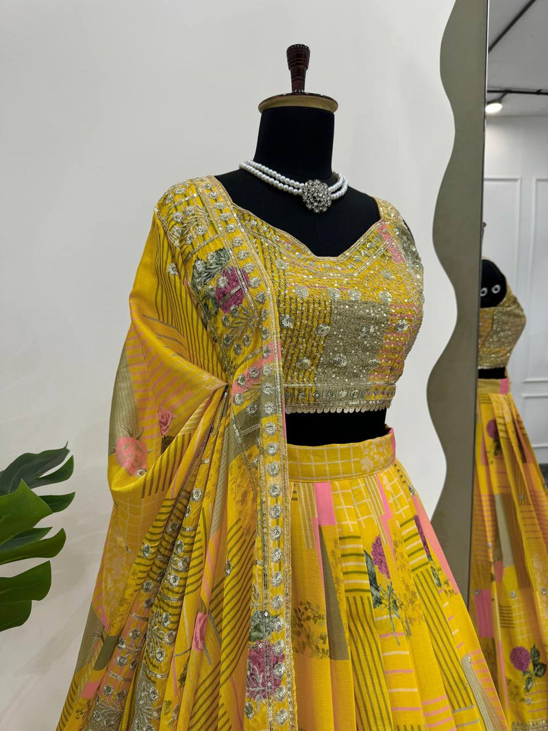 Yellow Color Thread Sequins Work Trendy Silk Designer Lehenga Choli