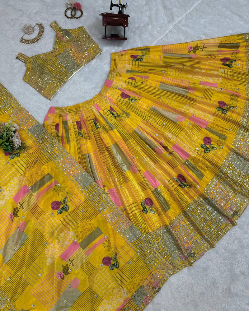 Yellow Color Thread Sequins Work Trendy Silk Designer Lehenga Choli