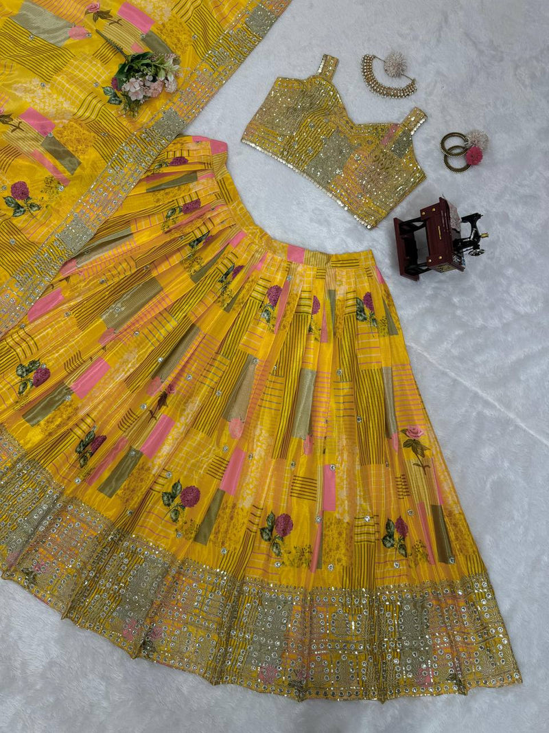 Yellow Color Thread Sequins Work Trendy Silk Designer Lehenga Choli