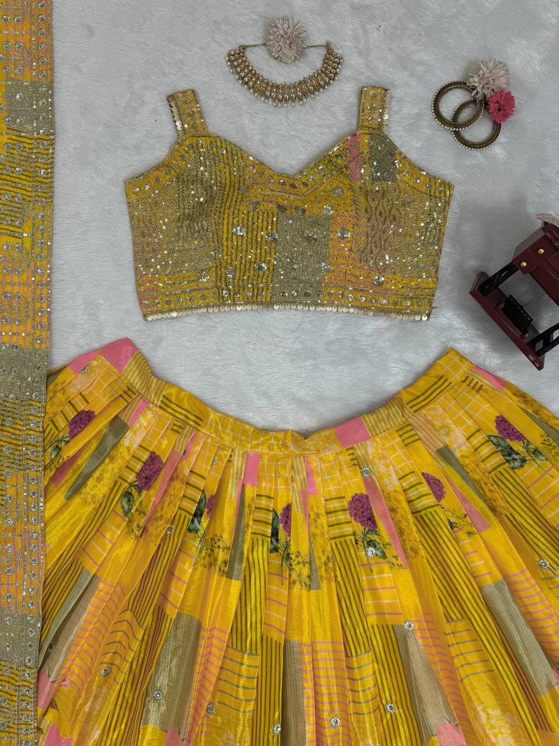 Yellow Color Thread Sequins Work Trendy Silk Designer Lehenga Choli