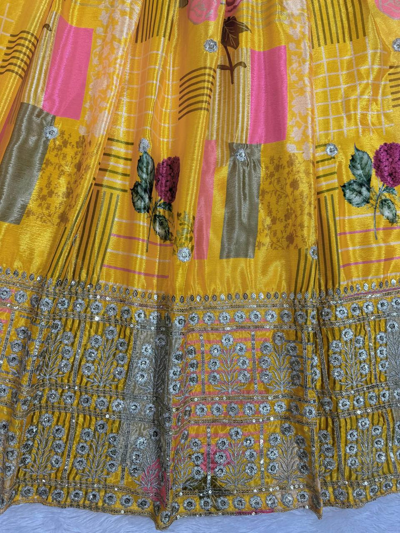 Yellow Color Thread Sequins Work Trendy Silk Designer Lehenga Choli