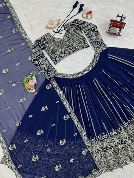 Blue Color Heavy Sequins Work Designer Georgette Trendy Lehenga Choli