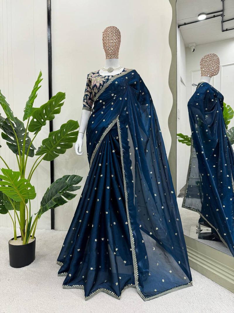 Navy Blue Color Sequence Work Jimmy Chu Designer Saree