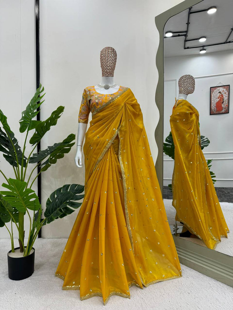 Yellow Color Sequence Work Jimmy Chu Designer Saree