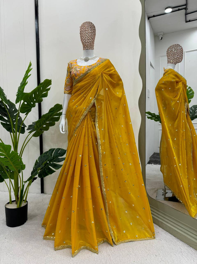 Yellow Color Sequence Work Jimmy Chu Designer Saree