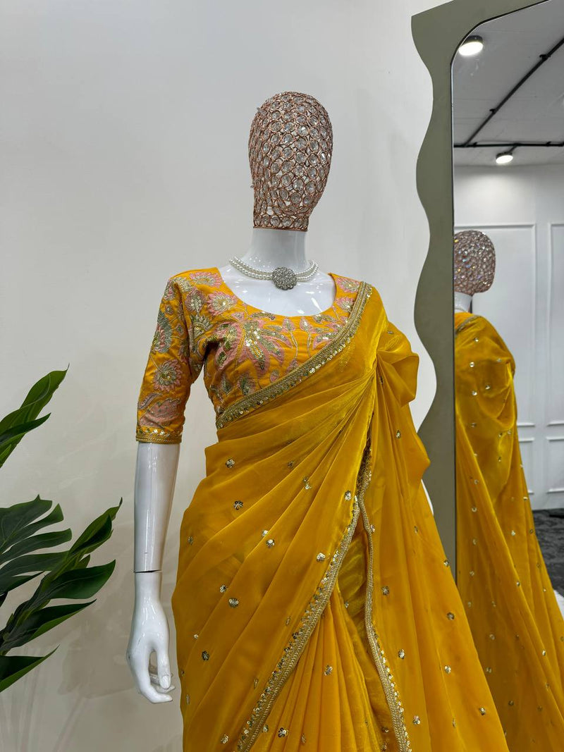 Yellow Color Sequence Work Jimmy Chu Designer Saree