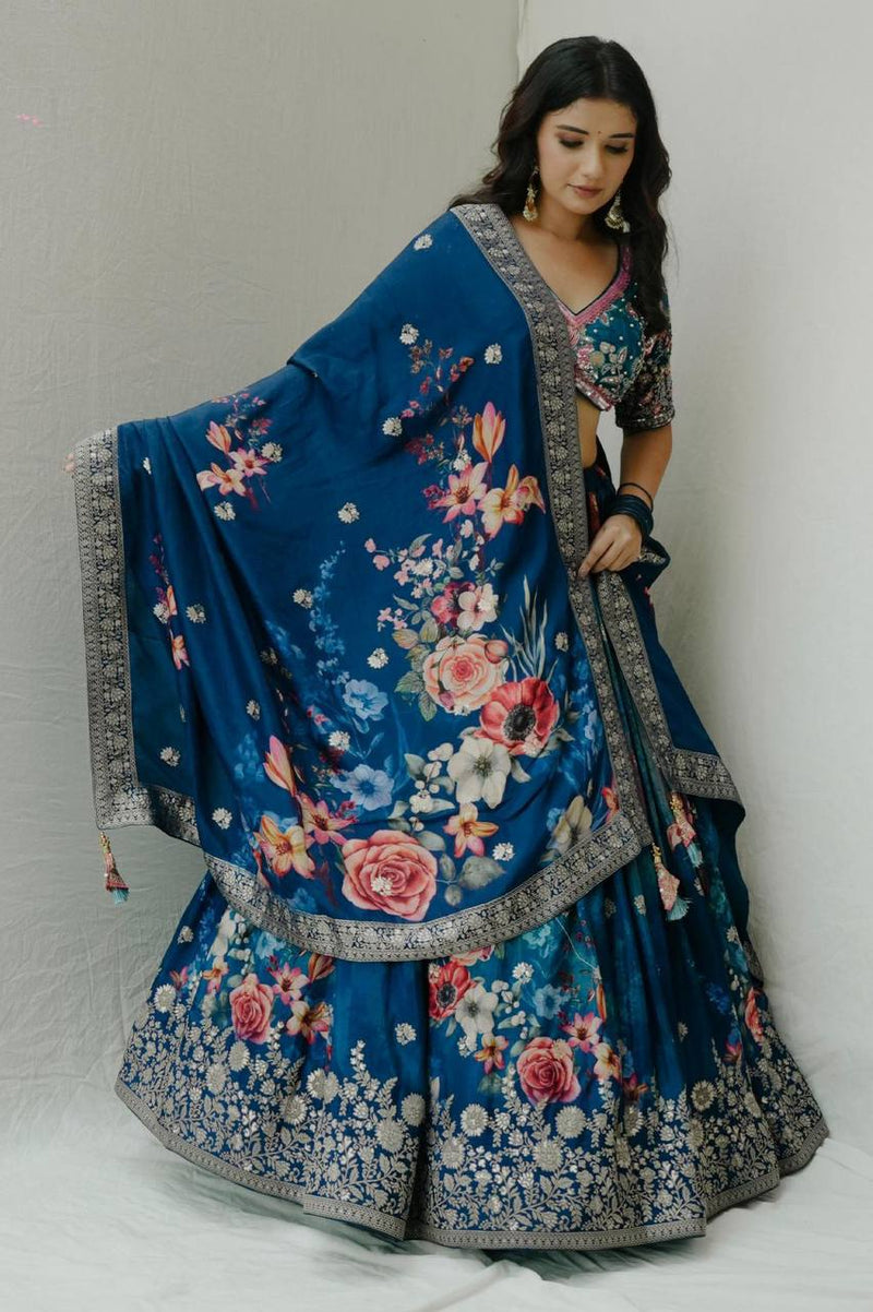 Blue Color Floral Designer Thread Sequins Work Georgette Heavy Lehenga