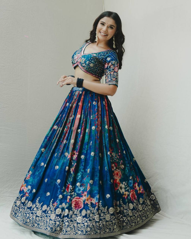 Blue Color Floral Designer Thread Sequins Work Georgette Heavy Lehenga