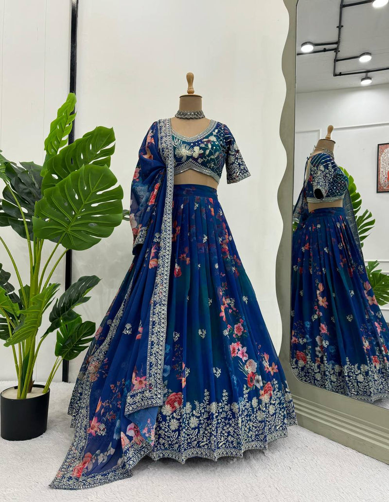 Blue Color Floral Designer Thread Sequins Work Georgette Heavy Lehenga