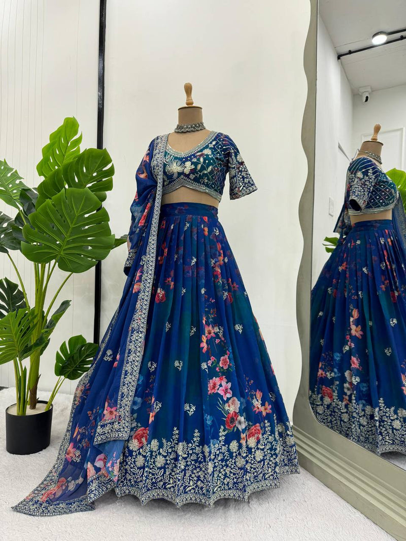 Blue Color Floral Designer Thread Sequins Work Georgette Heavy Lehenga