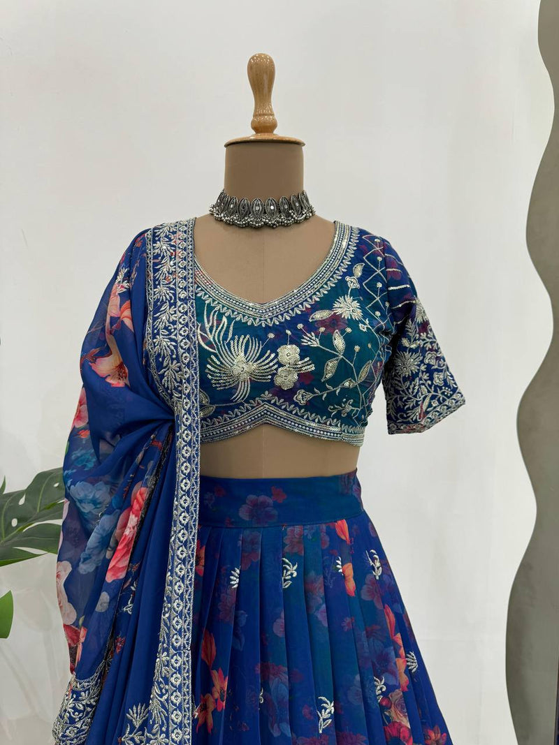 Blue Color Floral Designer Thread Sequins Work Georgette Heavy Lehenga