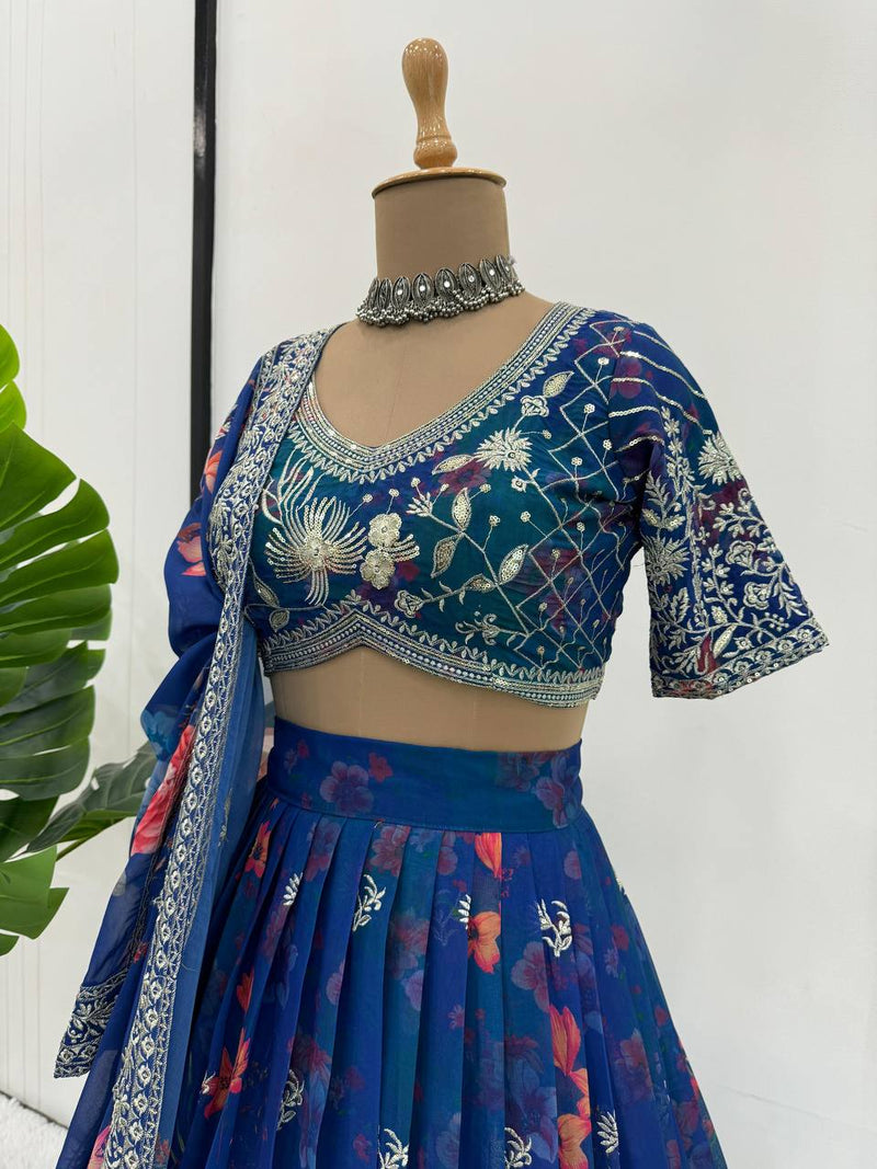 Blue Color Floral Designer Thread Sequins Work Georgette Heavy Lehenga