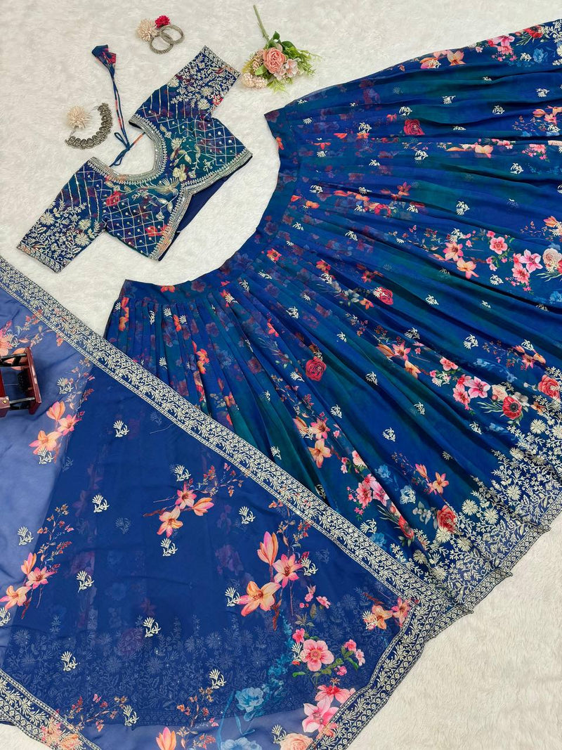 Blue Color Floral Designer Thread Sequins Work Georgette Heavy Lehenga