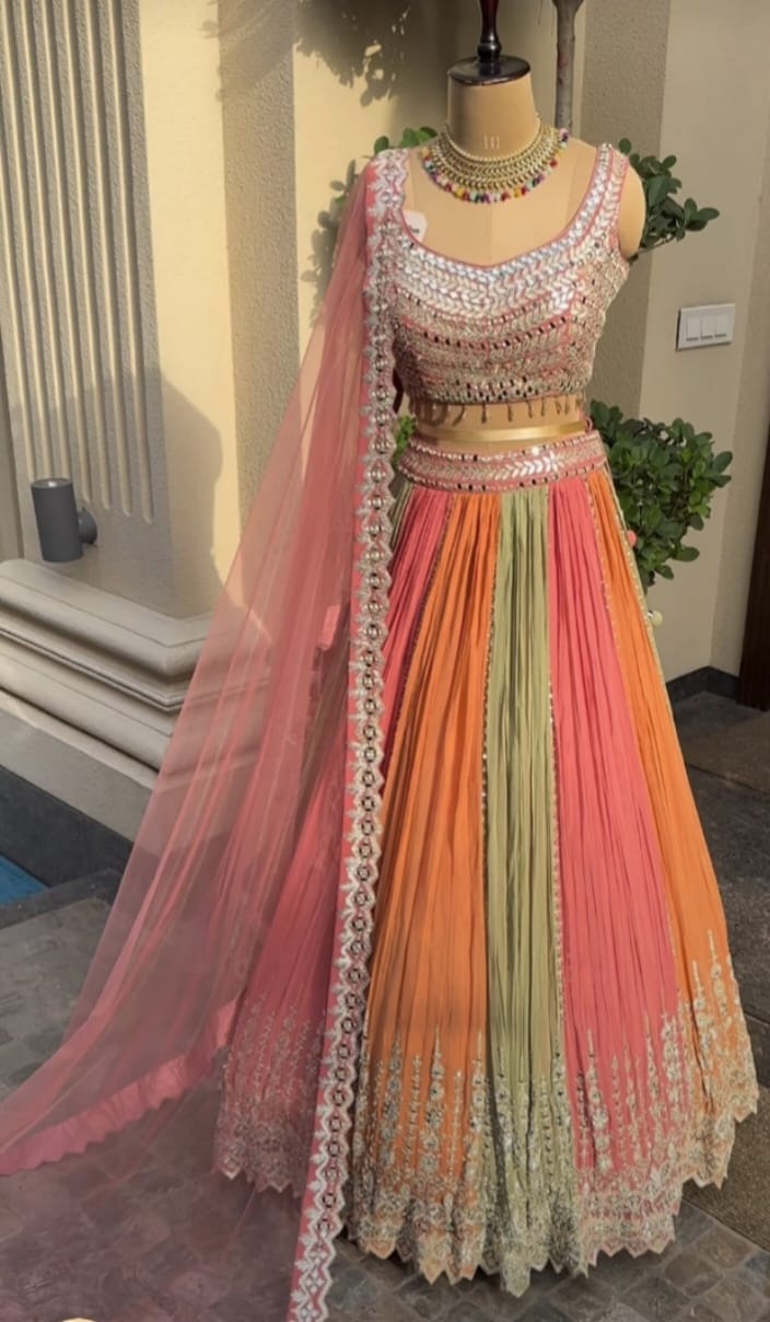 Multi Color Wedding Wear Zari Sequins  Embroidery Work  Georgette Lehenga Choli