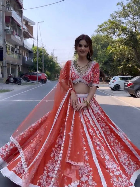 Orange Color Heavy Sequence With Thread Work  Designer Lehenga Choli