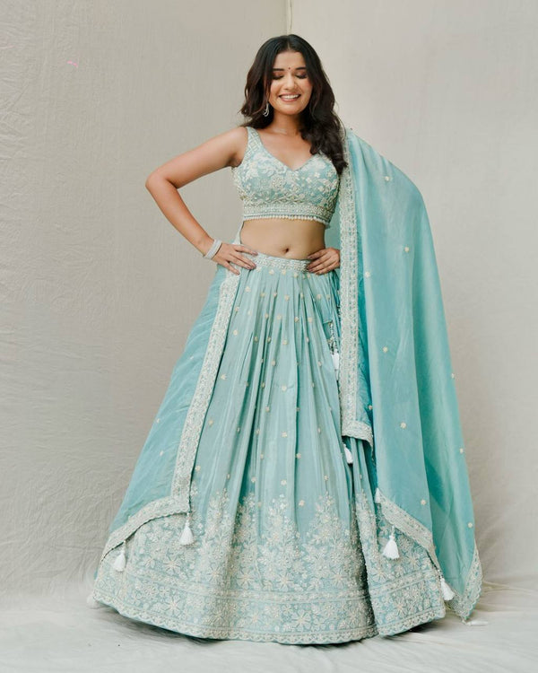 Turquoise Blue Color Sequence Work Designer Trendy Lehenga Choli