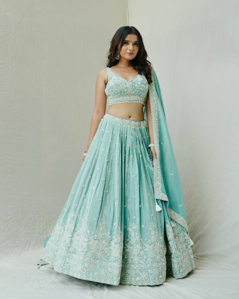 Turquoise Blue Color Sequence Work Designer Trendy Lehenga Choli