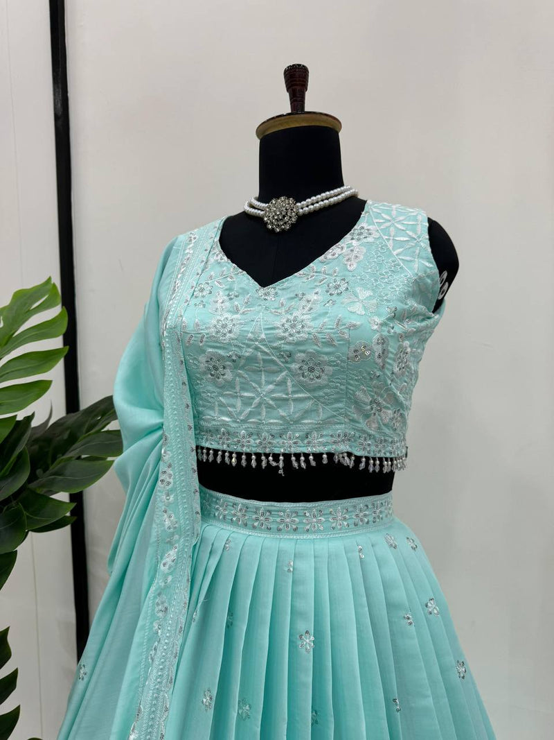 Turquoise Blue Color Sequence Work Designer Trendy Lehenga Choli