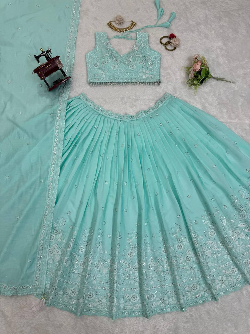 Turquoise Blue Color Sequence Work Designer Trendy Lehenga Choli